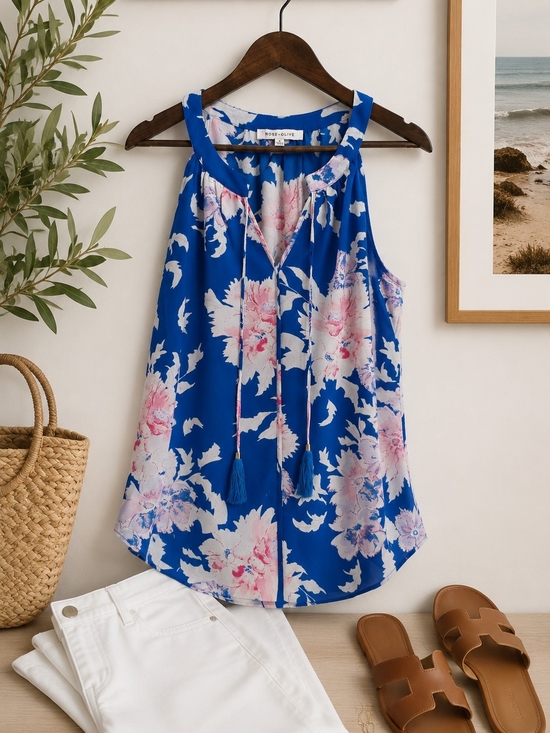 Rose & Olive Tops - Rose + Olive Medium Blue Pink Floral Sleeveless Tassel Tie Blouse Boho Top